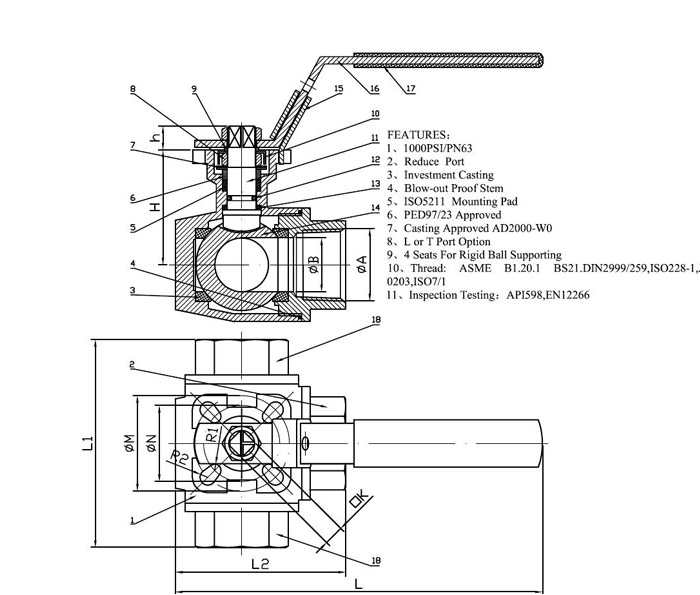 Stainless Steel 3 Way Ball Valve with High Mounting Pad
